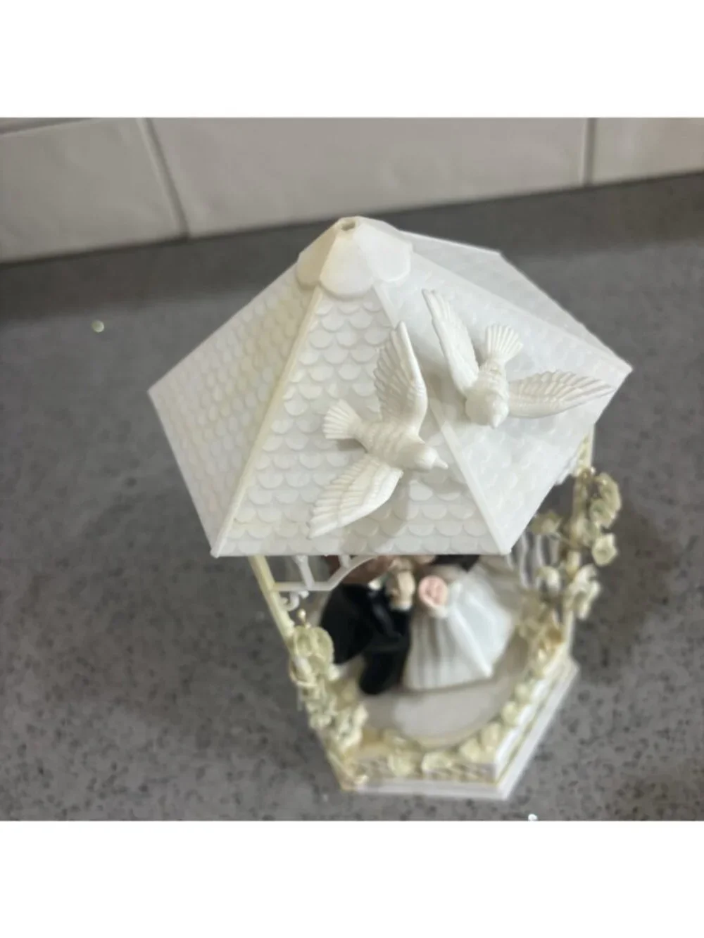 Vintage Cake Topper Cute Bride Broom Arbor Doves White Floral Wedding